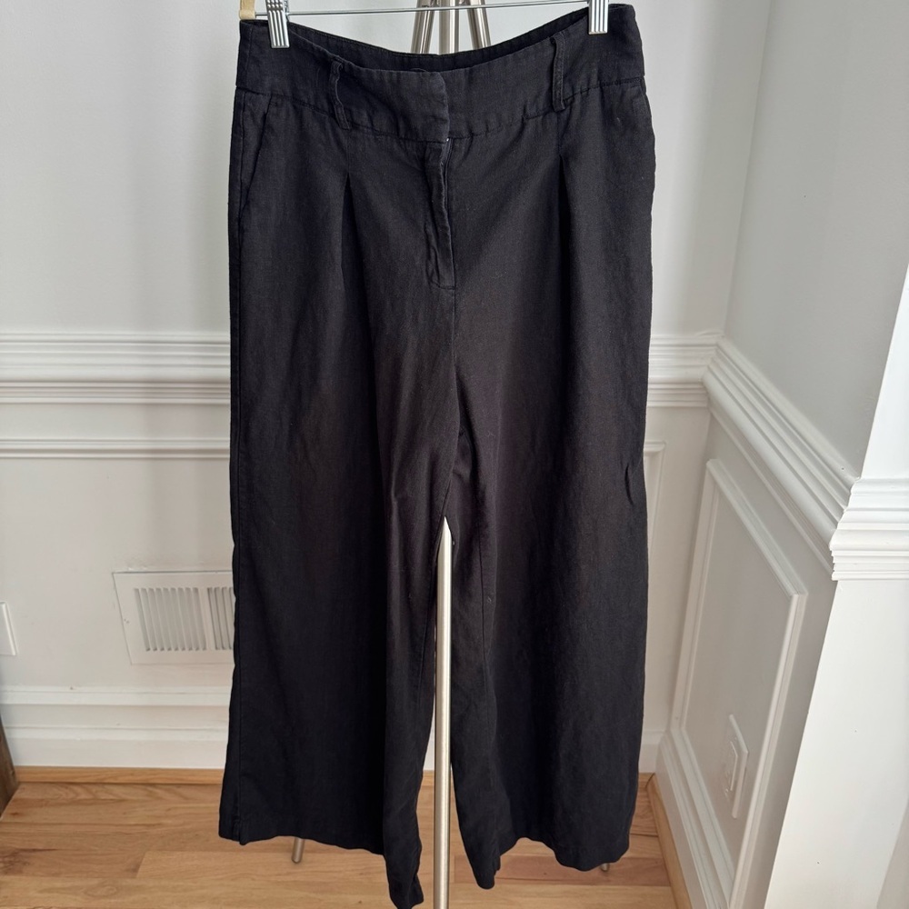 House of Harlow 1960 High Waist Black Linen Blend Wide Trouser Leg Pants Size 8